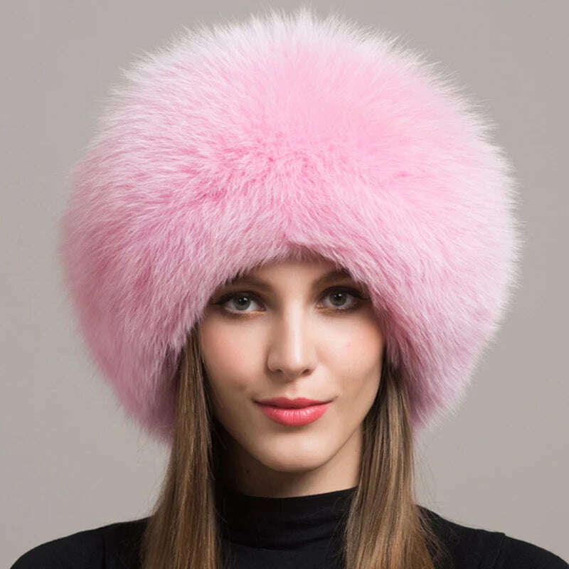 Hot Sale 100% natural Fox Fur Hat Women Cap Thick Fur Cap Winter Warm Hat Female Fashion For Women Hat With Earmuffs Hat - KIMLUD