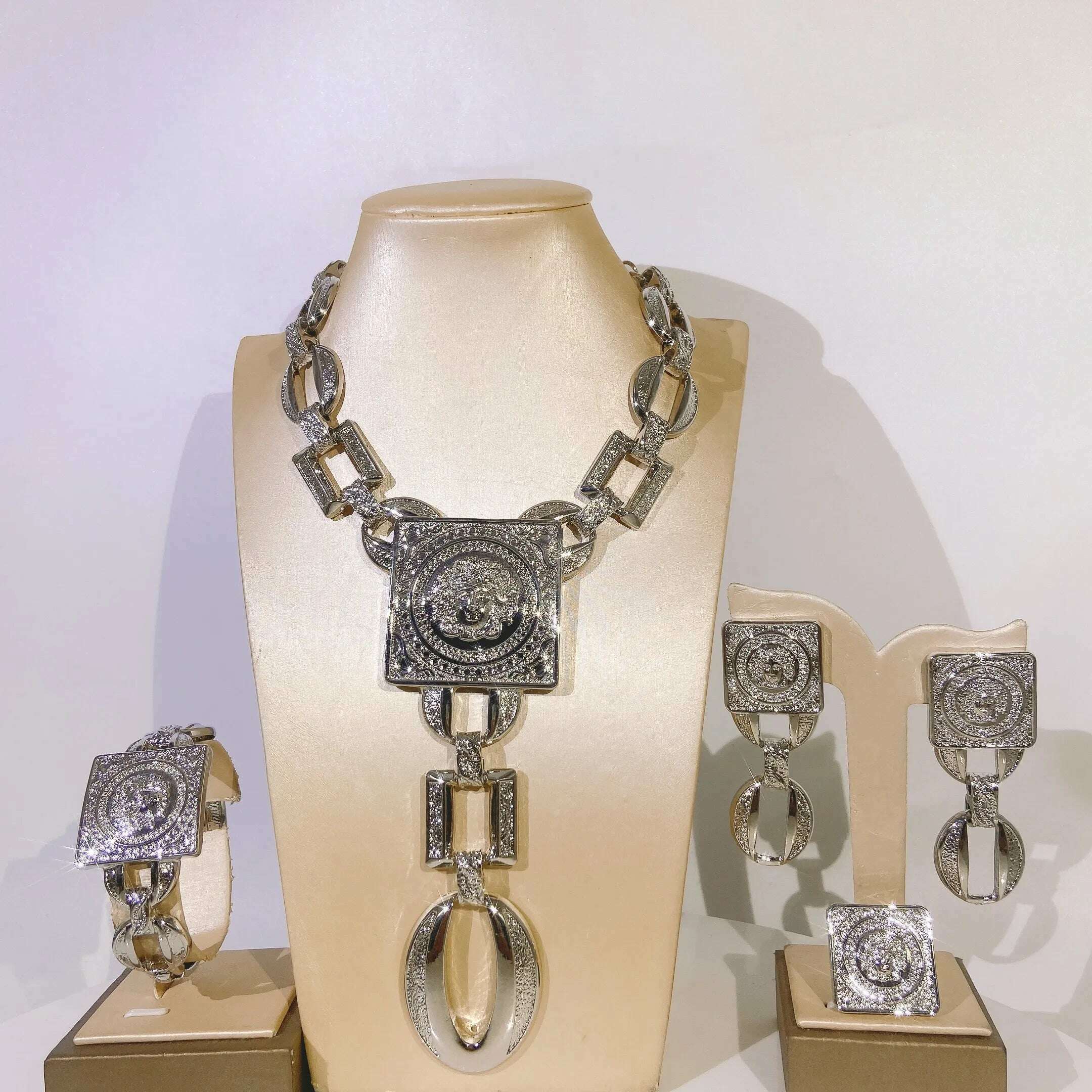 KIMLUD, Hot Sale Fashion Ladies Necklace Jewelry Set Face Shape Chain Pendant Design Large Earrings Square Ring Gift Luxury Bijoux, KIMLUD Womens Clothes