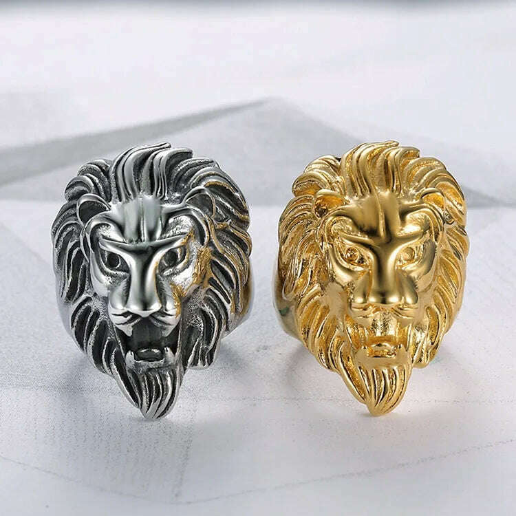 KIMLUD, hot sale Gold silver color Stainless steel Lion 's head Men Hip hop rings fashion punk Animal shape ring male Hiphop jewelry, KIMLUD Womens Clothes