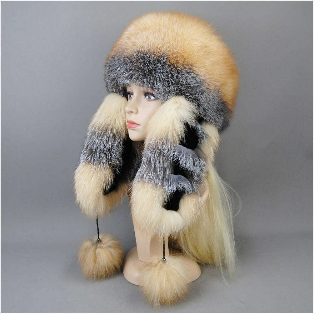 KIMLUD, Hot Sale Lady Winter Warm Luxury 100% Natural Fox Fur Hat Fashion Fluffy Fox Fur Rex Rabbit Fur Caps Women Real Fur Bomber Hats, KIMLUD Womens Clothes