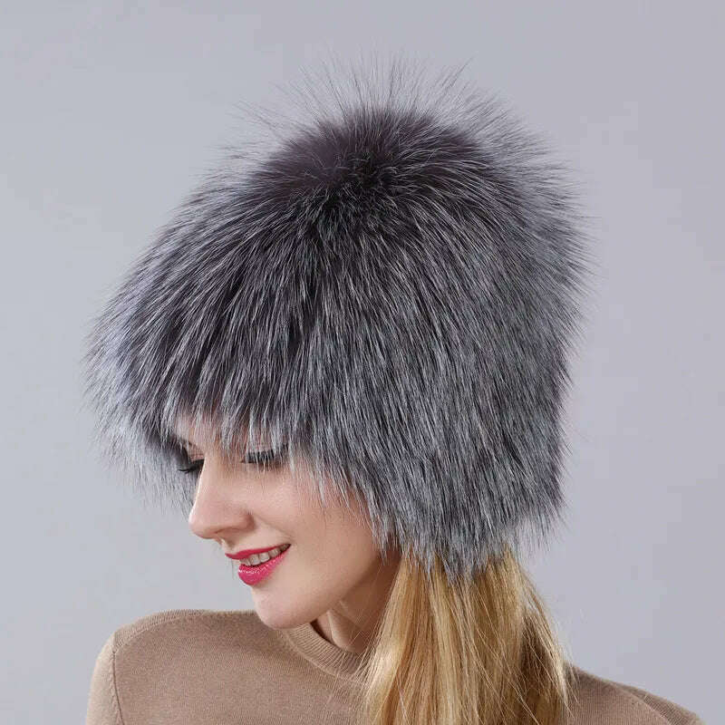 KIMLUD, Hot Sale Winter Hat 100% Real Natural Silver Fox Fur Women's Knitted Fur Cap Women Hat Fox Fur Hat Female Ear Warm Winter Must, KIMLUD Womens Clothes