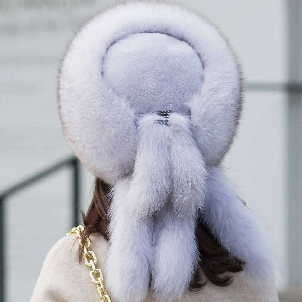 KIMLUD, Hot sale Winter Luxury Real Fox Fur Hats For Russian Women Thick Warm Beanie Lady Hat Natural Fluffy Fox Fur Caps With Tail, KIMLUD Womens Clothes