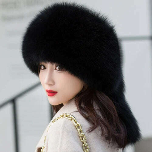 KIMLUD, Hot sale Winter Luxury Real Fox Fur Hats For Russian Women Thick Warm Beanie Lady Hat Natural Fluffy Fox Fur Caps With Tail, black / Adjustable, KIMLUD APPAREL - Womens Clothes