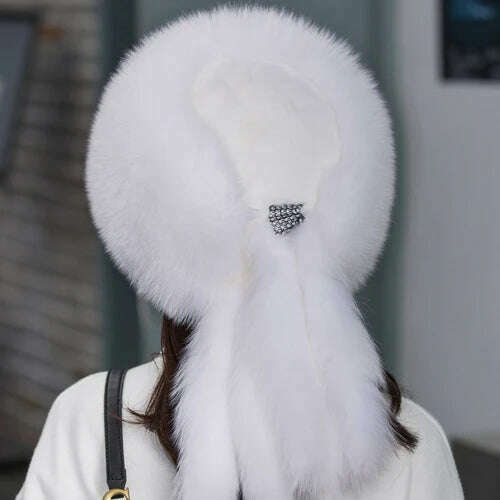KIMLUD, Hot sale Winter Luxury Real Fox Fur Hats For Russian Women Thick Warm Beanie Lady Hat Natural Fluffy Fox Fur Caps With Tail, white / Adjustable, KIMLUD APPAREL - Womens Clothes