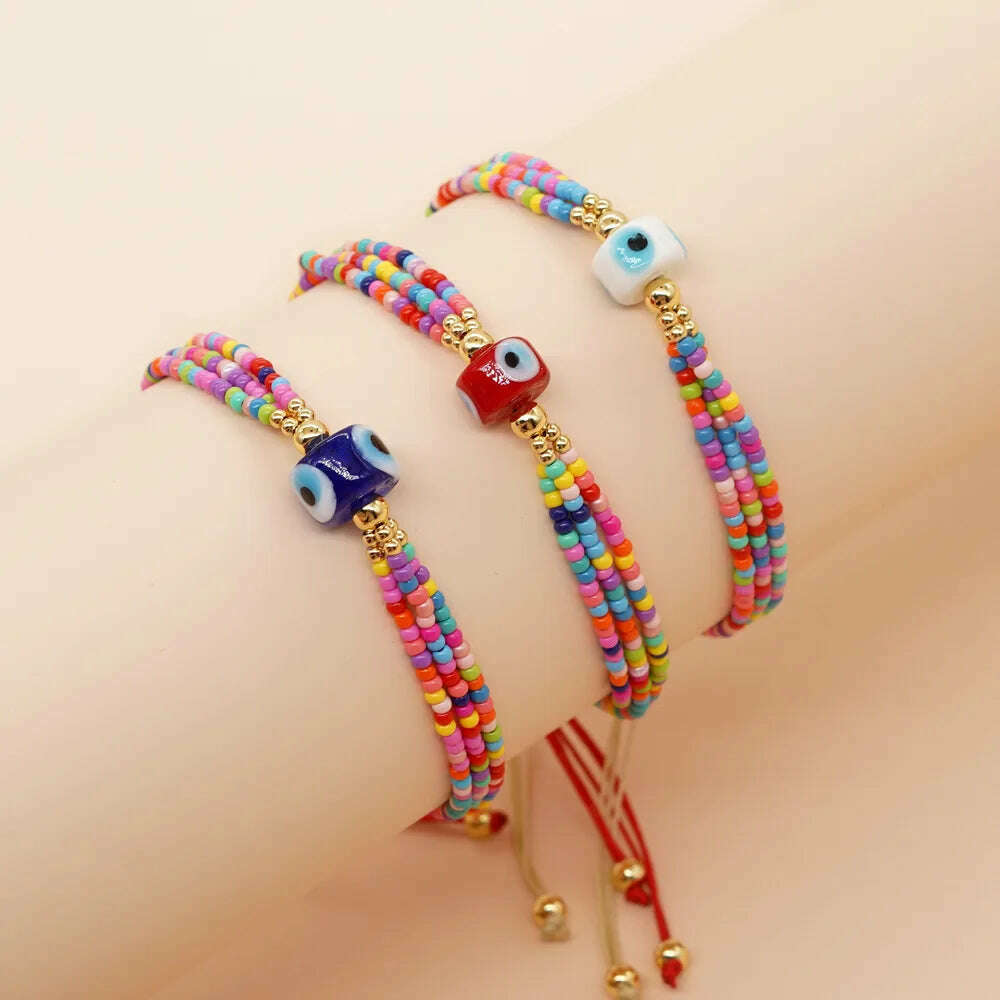 Hot selling cross-border European, American, and Bohemian ethnic style 3-loop rainbow colored rice bead glass eye beaded women's - KIMLUD