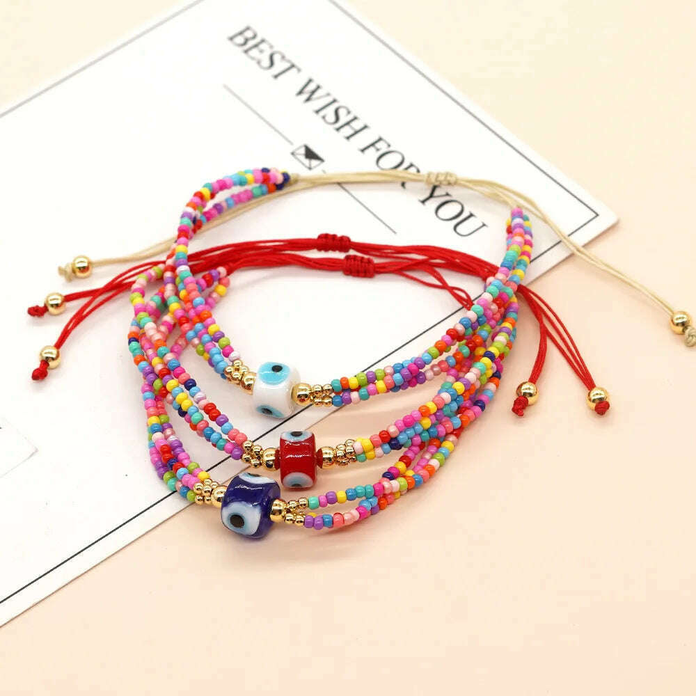 Hot selling cross-border European, American, and Bohemian ethnic style 3-loop rainbow colored rice bead glass eye beaded women's - KIMLUD