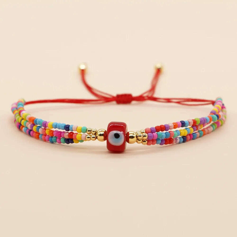 Hot selling cross-border European, American, and Bohemian ethnic style 3-loop rainbow colored rice bead glass eye beaded women's - KIMLUD