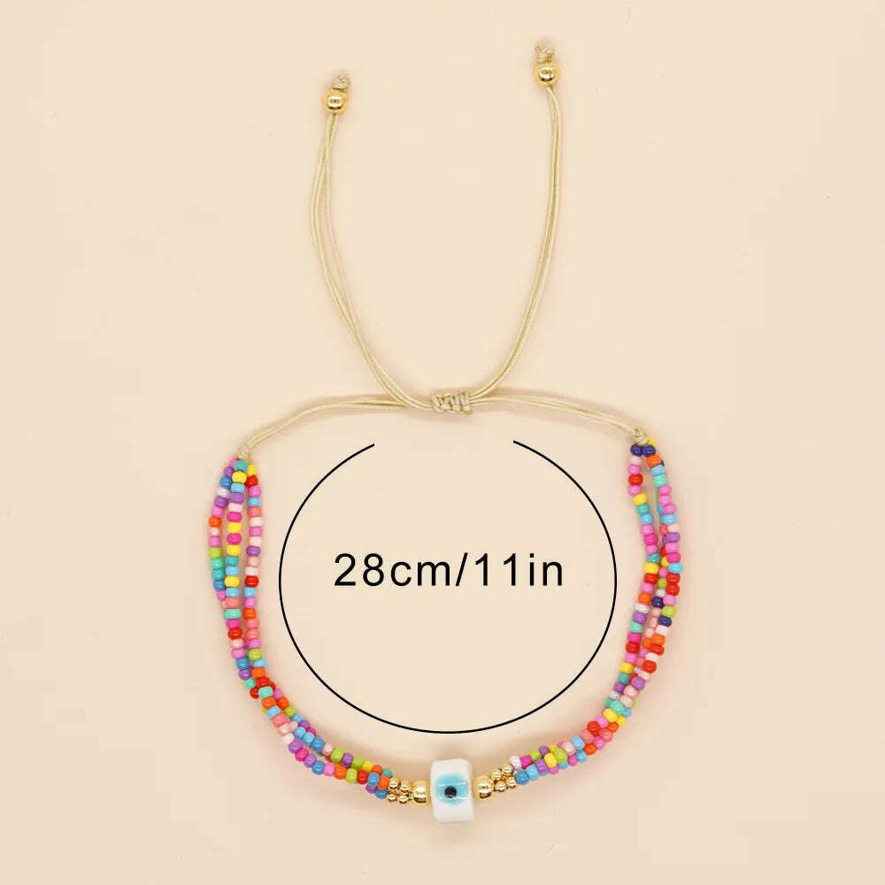 Hot selling cross-border European, American, and Bohemian ethnic style 3-loop rainbow colored rice bead glass eye beaded women's - KIMLUD