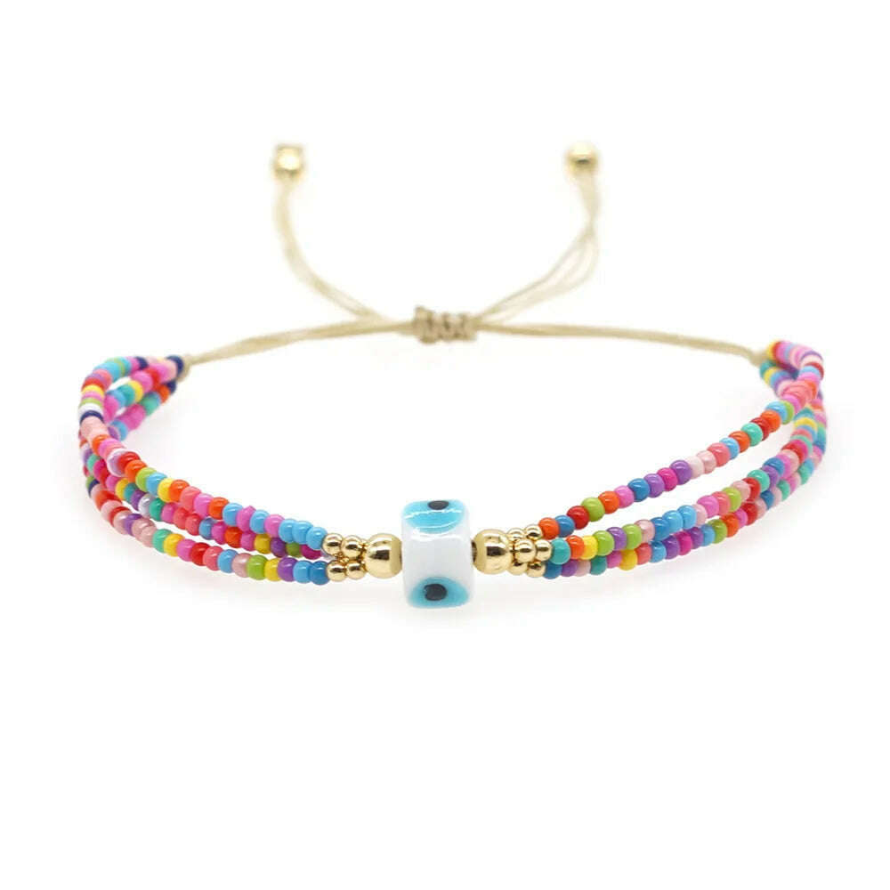 Hot selling cross-border European, American, and Bohemian ethnic style 3-loop rainbow colored rice bead glass eye beaded women's - KIMLUD