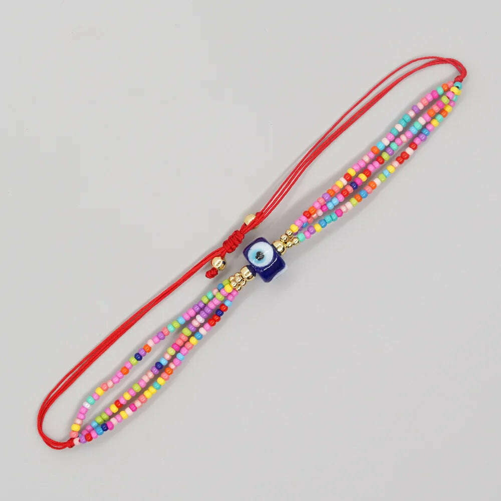 Hot selling cross-border European, American, and Bohemian ethnic style 3-loop rainbow colored rice bead glass eye beaded women's - KIMLUD