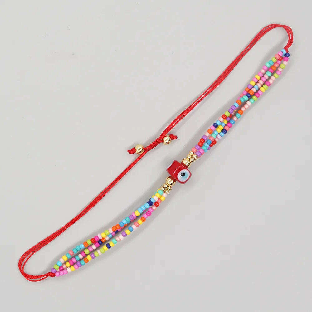 Hot selling cross-border European, American, and Bohemian ethnic style 3-loop rainbow colored rice bead glass eye beaded women's - KIMLUD