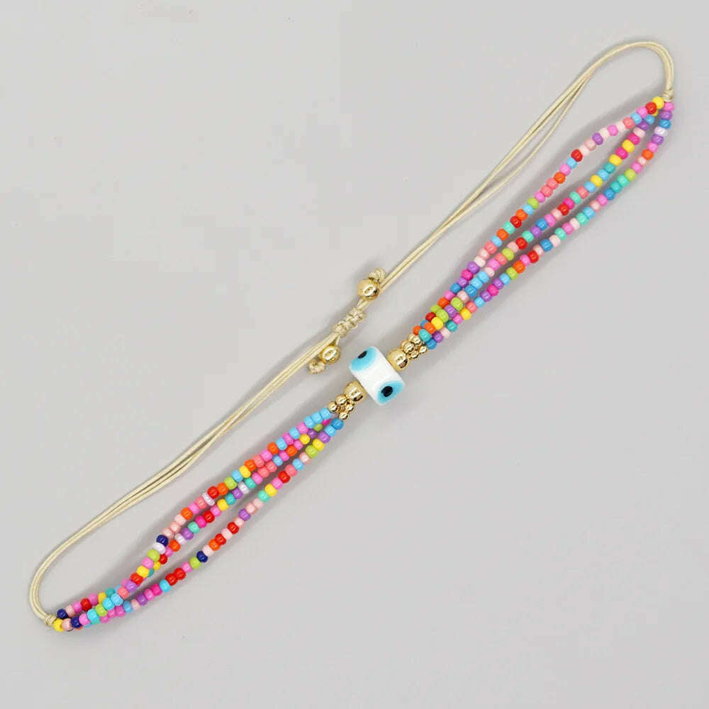 Hot selling cross-border European, American, and Bohemian ethnic style 3-loop rainbow colored rice bead glass eye beaded women's - KIMLUD