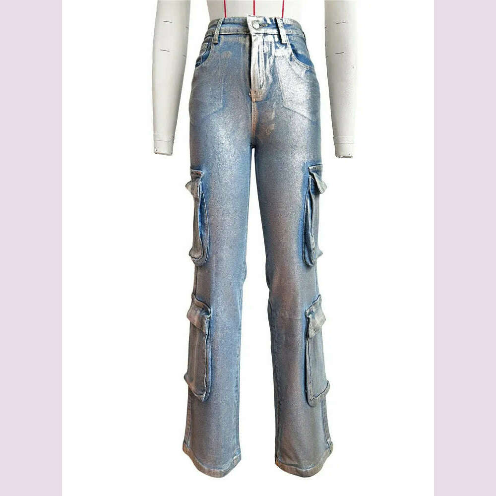 KIMLUD, Hot Silver Stretch Denim Cargo Pants Women High Waist Streetwear Hip Hop Trousers Female Big Pockets Baggy Jeans Pants, Silver / S, KIMLUD APPAREL - Womens Clothes