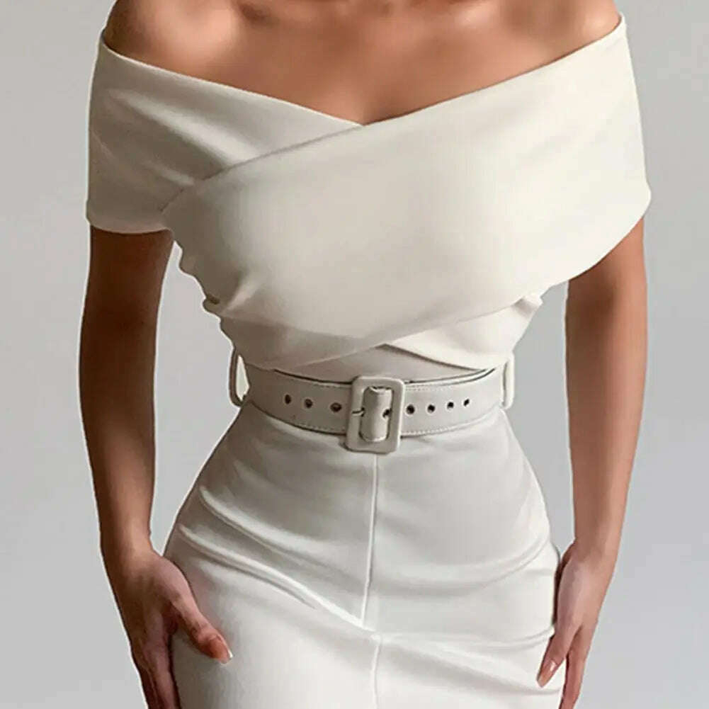 KIMLUD, Hot!Women Elegant Off Shoulder Dress Black/White with Belt Mid Calf Skinny Strapless Fine Sewing Party Evening Dress for Office, KIMLUD Womens Clothes