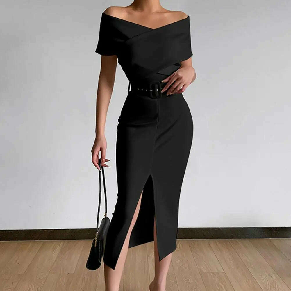 KIMLUD, Hot!Women Elegant Off Shoulder Dress Black/White with Belt Mid Calf Skinny Strapless Fine Sewing Party Evening Dress for Office, KIMLUD Womens Clothes