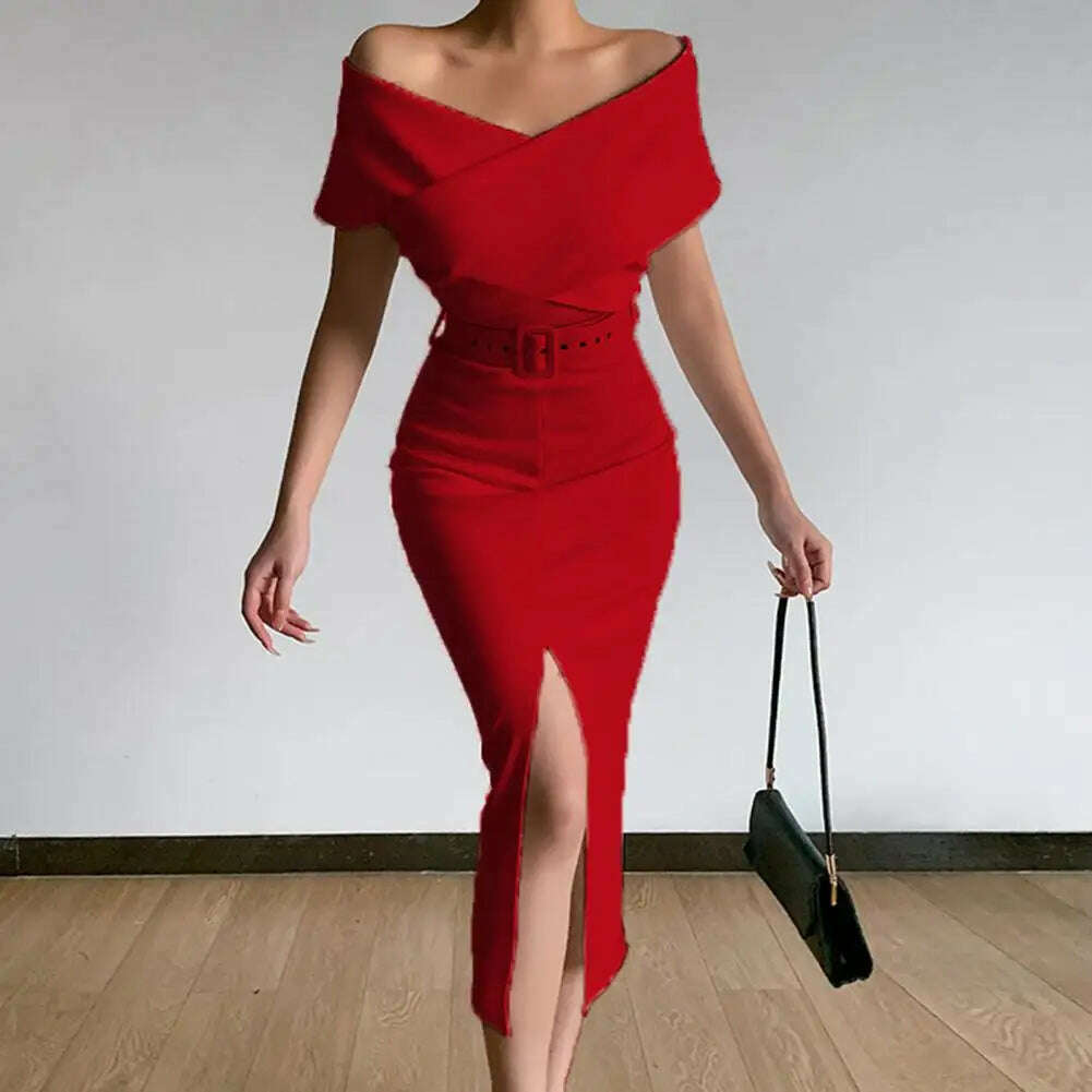 KIMLUD, Hot!Women Elegant Off Shoulder Dress Black/White with Belt Mid Calf Skinny Strapless Fine Sewing Party Evening Dress for Office, KIMLUD Womens Clothes