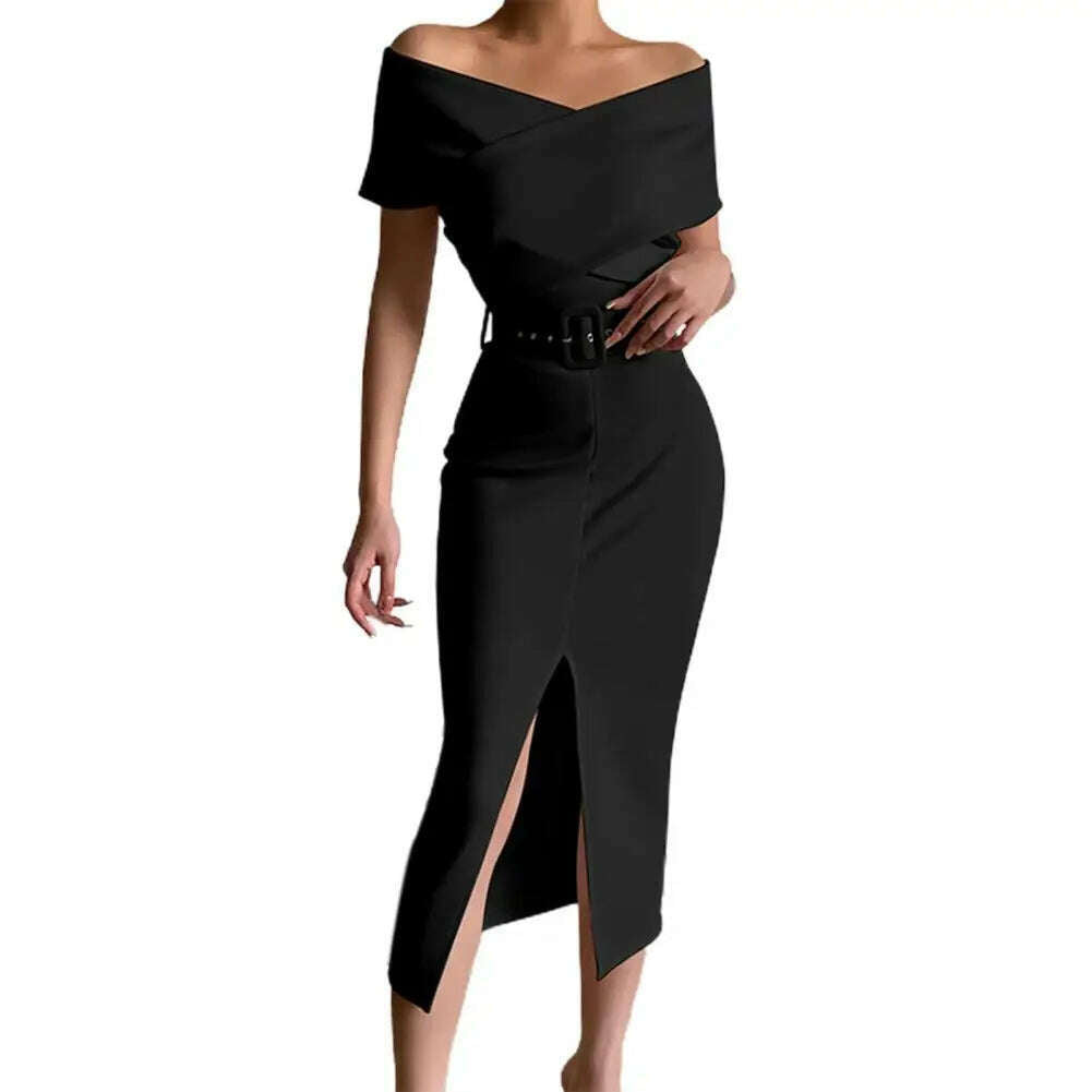 KIMLUD, Hot!Women Elegant Off Shoulder Dress Black/White with Belt Mid Calf Skinny Strapless Fine Sewing Party Evening Dress for Office, Black / 3XL / United States, KIMLUD APPAREL - Womens Clothes