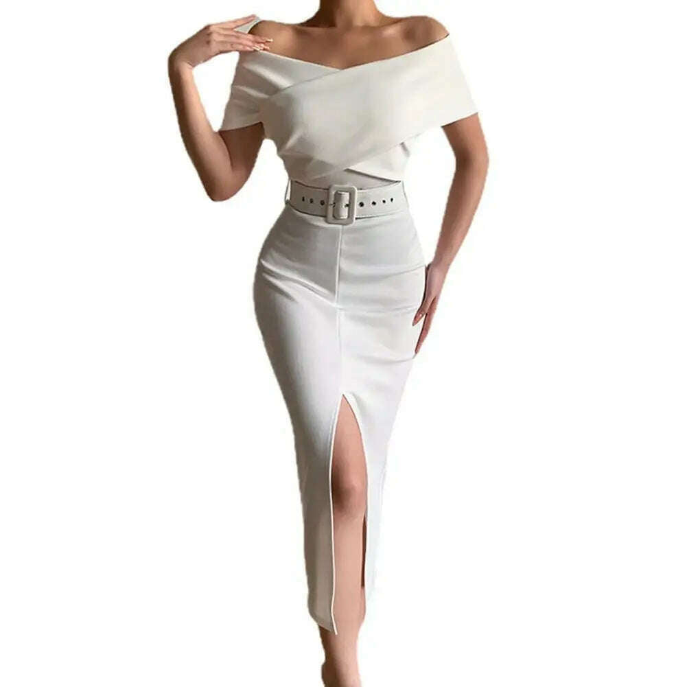 KIMLUD, Hot!Women Elegant Off Shoulder Dress Black/White with Belt Mid Calf Skinny Strapless Fine Sewing Party Evening Dress for Office, White / M / United States, KIMLUD APPAREL - Womens Clothes