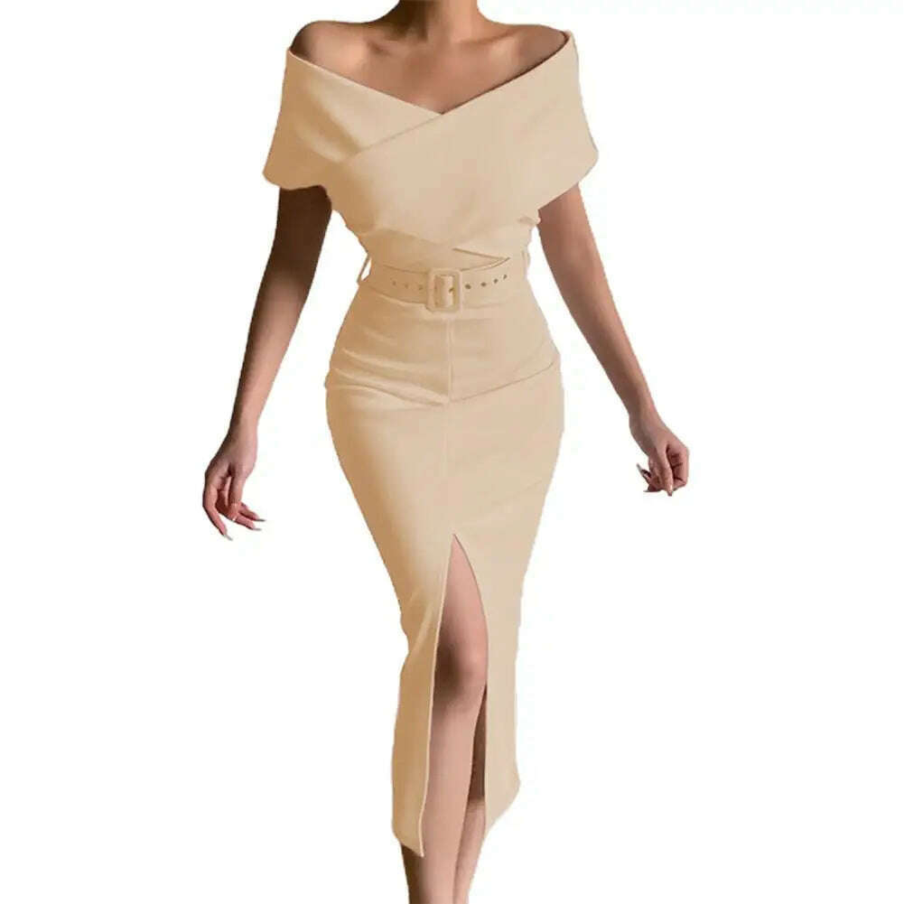 KIMLUD, Hot!Women Elegant Off Shoulder Dress Black/White with Belt Mid Calf Skinny Strapless Fine Sewing Party Evening Dress for Office, APRICOT / 3XL / United States, KIMLUD APPAREL - Womens Clothes