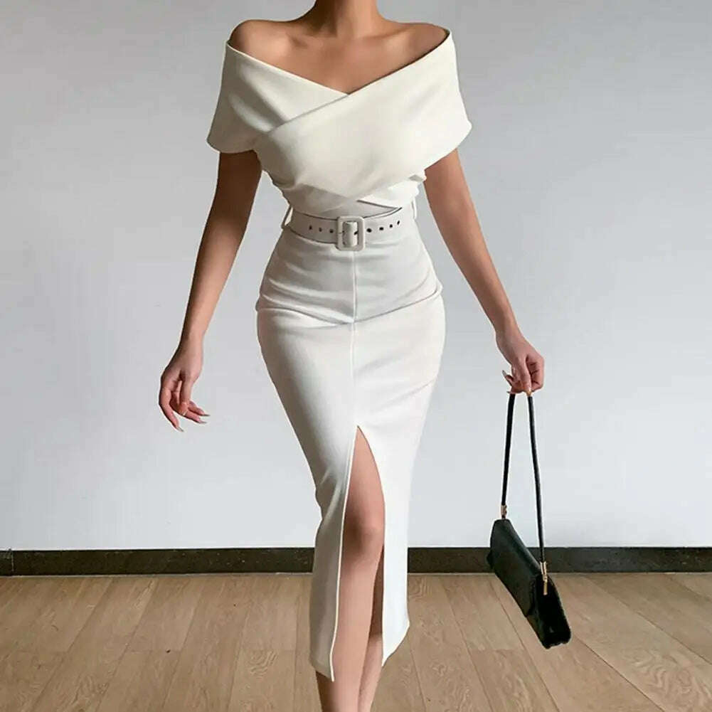 KIMLUD, Hot!Women Elegant Off Shoulder Dress Black/White with Belt Mid Calf Skinny Strapless Fine Sewing Party Evening Dress for Office, KIMLUD Womens Clothes