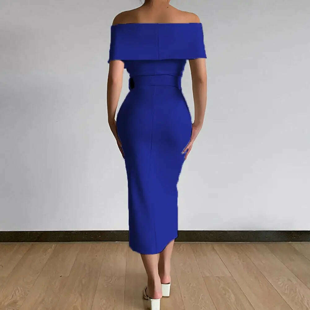 KIMLUD, Hot!Women Elegant Off Shoulder Dress Black/White with Belt Mid Calf Skinny Strapless Fine Sewing Party Evening Dress for Office, KIMLUD Womens Clothes