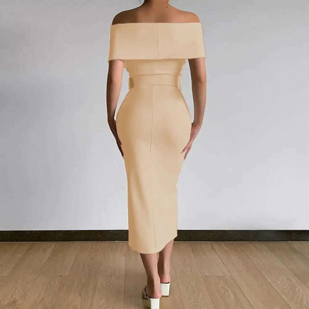 KIMLUD, Hot!Women Elegant Off Shoulder Dress Black/White with Belt Mid Calf Skinny Strapless Fine Sewing Party Evening Dress for Office, KIMLUD Womens Clothes