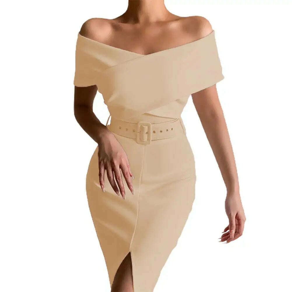 KIMLUD, Hot!Women Elegant Off Shoulder Dress Black/White with Belt Mid Calf Skinny Strapless Fine Sewing Party Evening Dress for Office, KIMLUD Womens Clothes