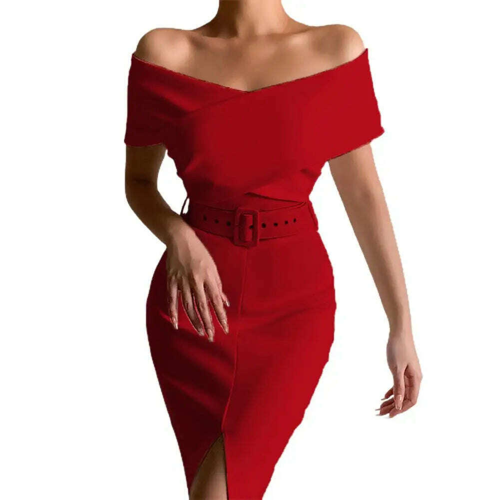 KIMLUD, Hot!Women Elegant Off Shoulder Dress Black/White with Belt Mid Calf Skinny Strapless Fine Sewing Party Evening Dress for Office, KIMLUD Womens Clothes