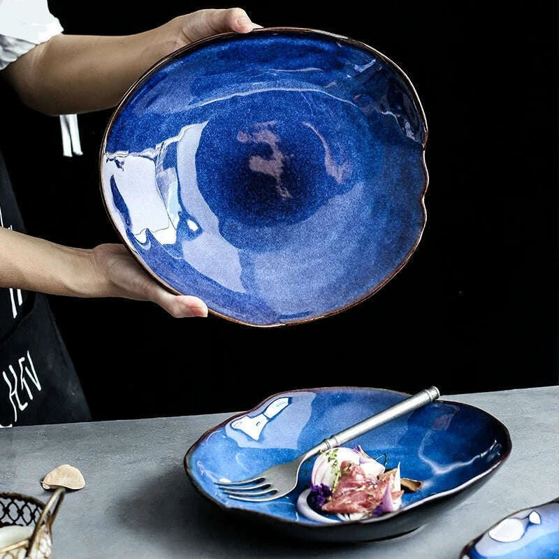 Household Ceramic Dinner Plate European Style Blue Glaze Salad Bowl Irregular Tableware Western Dinner Plate/kitchen Supplies - KIMLUD