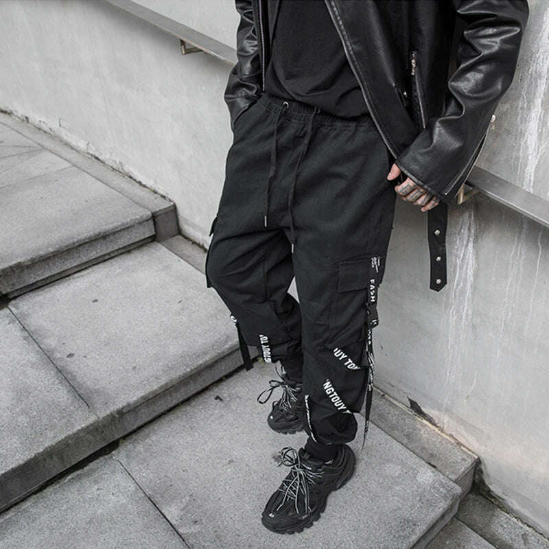 KIMLUD, HOUZHOU Black Cargo Pants Men Joggers Cargo Trousers for Men Jogging Japanese Streetwear Hip Hop Hippie Techwear Gothic Ribbon, KIMLUD Womens Clothes