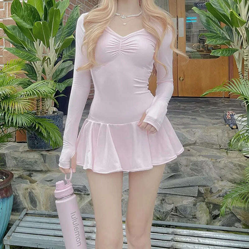 KIMLUD, HOUZHOU Coquette Pink Dress Women Autumn Cute Sexy Long Sleeve Low Waist Slim Folds Ruffle Mini Dresses Korean Fashion Preppy, Pink / L, KIMLUD APPAREL - Womens Clothes