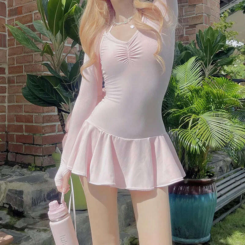 KIMLUD, HOUZHOU Coquette Pink Dress Women Autumn Cute Sexy Long Sleeve Low Waist Slim Folds Ruffle Mini Dresses Korean Fashion Preppy, KIMLUD Womens Clothes