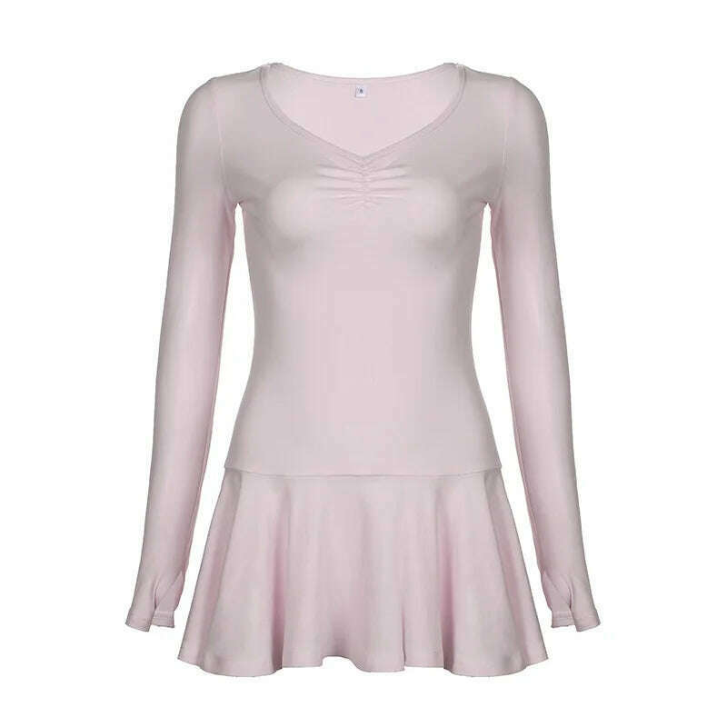 KIMLUD, HOUZHOU Coquette Pink Dress Women Autumn Cute Sexy Long Sleeve Low Waist Slim Folds Ruffle Mini Dresses Korean Fashion Preppy, KIMLUD Womens Clothes