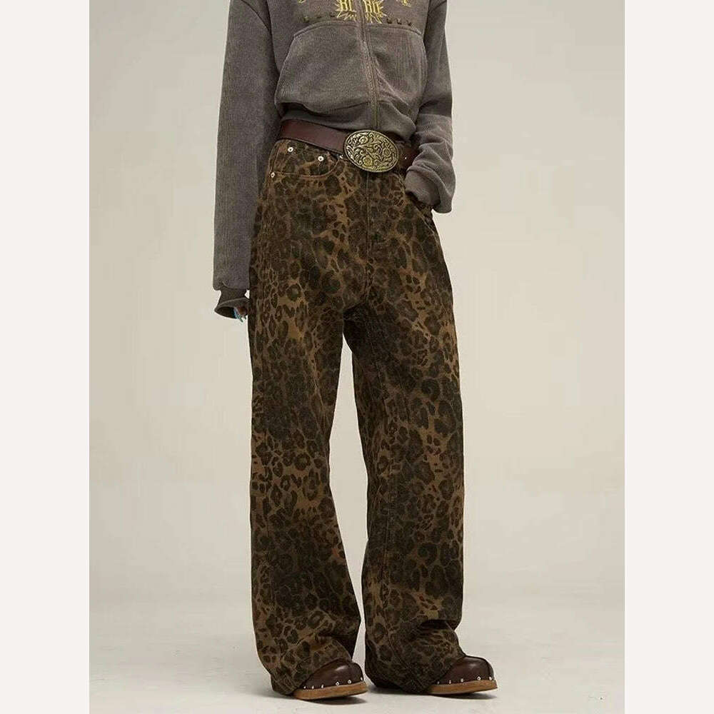 KIMLUD, HOUZHOU Tan Leopard Jeans Women Denim Pants Female Oversize Wide Leg Trousers Streetwear Hip Hop Vintage Clothes Loose Casual, KIMLUD Womens Clothes