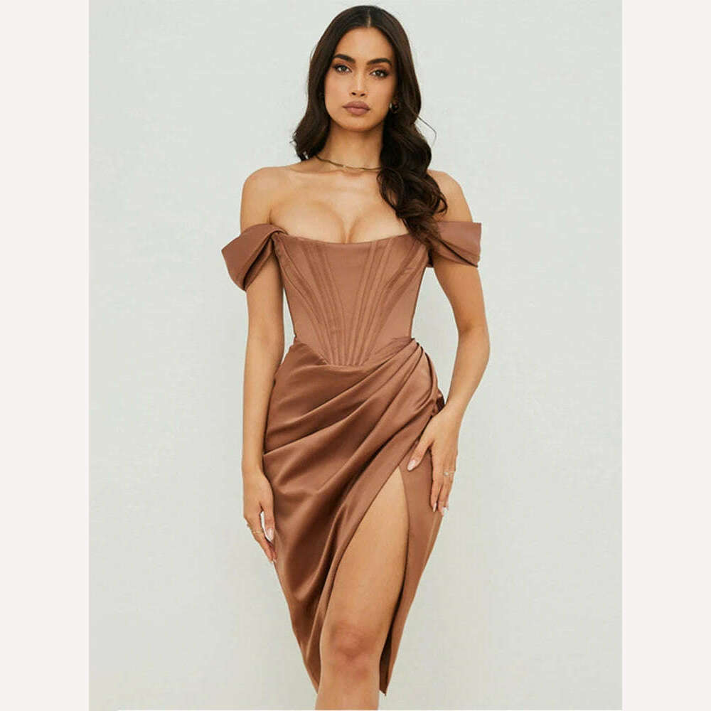 KIMLUD, HOVON Ruched Off Shoulder Party Corset Dress Boned Split Backless Sexy Bodycon Ladies Dresses 2021 Summer Night Club Midi Dress, Brown / S, KIMLUD APPAREL - Womens Clothes