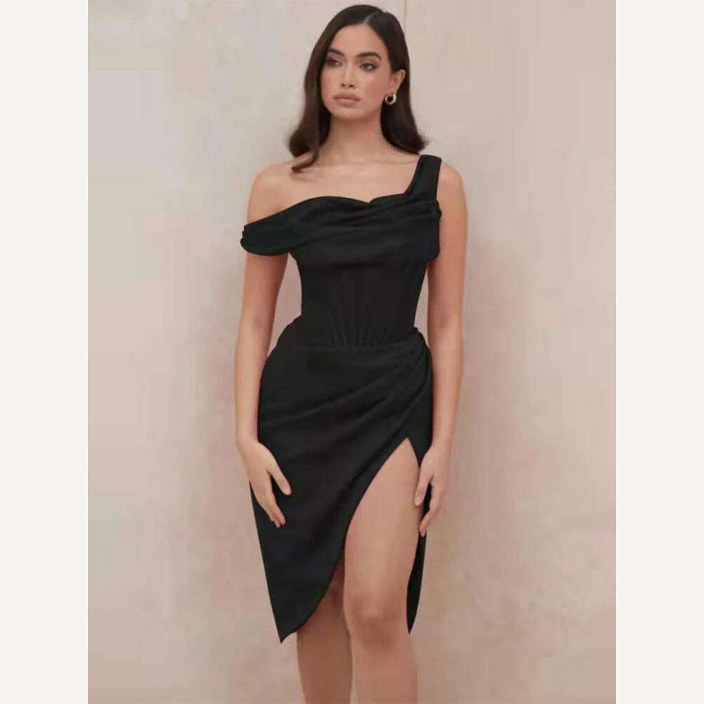 KIMLUD, HOVON Ruched Off Shoulder Party Corset Dress Boned Split Backless Sexy Bodycon Ladies Dresses 2021 Summer Night Club Midi Dress, Black 1 / S, KIMLUD APPAREL - Womens Clothes