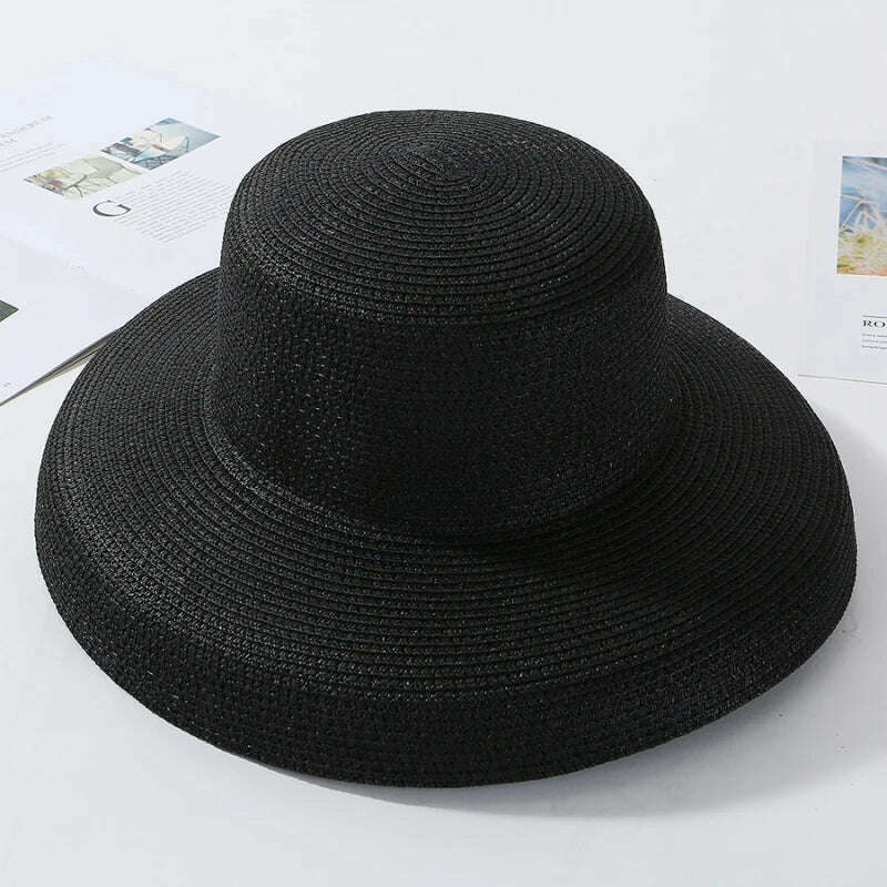 KIMLUD, HT2303 2023 New Summer Sun Hats Ladies Solid Plain Elegant Wide Brim Hat Female Round Top Panama Floppy Straw Beach Hat Women, KIMLUD Womens ClothesKIMLUD, HT2303 2023 New Summer Sun Hats Ladies Solid Plain Elegant Wide Brim Hat Female Round Top Panama Floppy Straw Beach Hat Women, Black, KIMLUD APPAREL - Womens Clothes