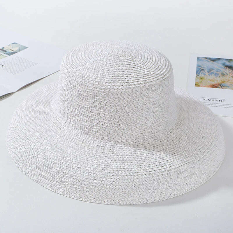 KIMLUD, HT2303 2023 New Summer Sun Hats Ladies Solid Plain Elegant Wide Brim Hat Female Round Top Panama Floppy Straw Beach Hat Women, KIMLUD Womens ClothesKIMLUD, HT2303 2023 New Summer Sun Hats Ladies Solid Plain Elegant Wide Brim Hat Female Round Top Panama Floppy Straw Beach Hat Women, White, KIMLUD APPAREL - Womens Clothes