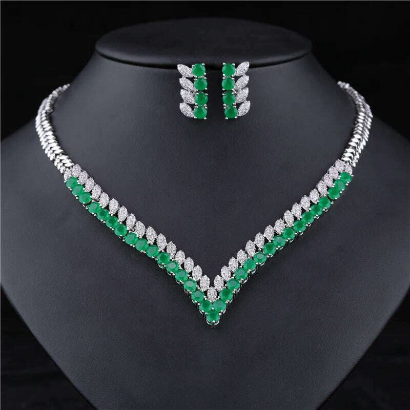 KIMLUD, HUAMI Fine Jewelry Sets White Green Gold Earrings and Necklace for Women Wedding Engaged Banquet High Quality Jewelry Lady, KIMLUD Womens Clothes