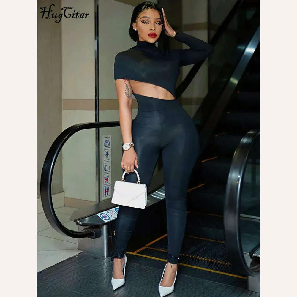 KIMLUD, Hugcitar Black Long Sleeve Asymmetrical Hollow Out Zip Up Bodycon Jumpsuit Summer Women Party Nightclub Romper Overalls Y2K, KIMLUD Womens Clothes