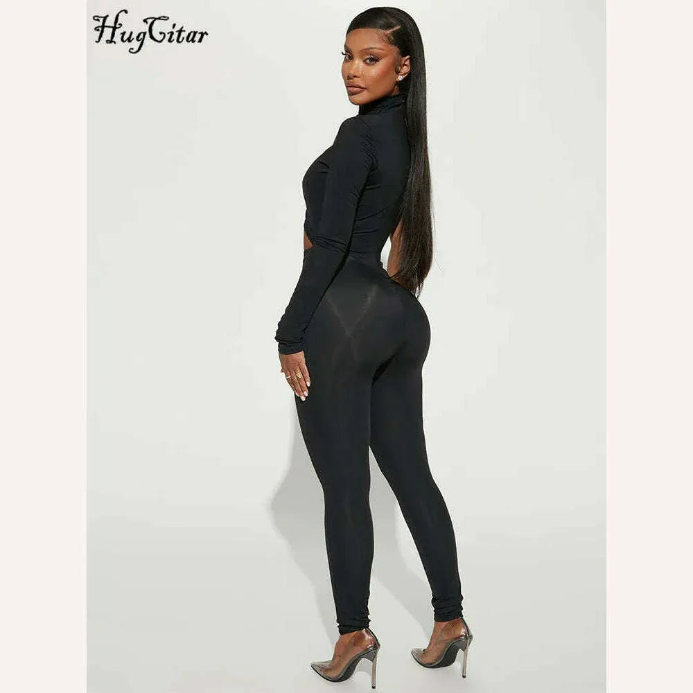 KIMLUD, Hugcitar Black Long Sleeve Asymmetrical Hollow Out Zip Up Bodycon Jumpsuit Summer Women Party Nightclub Romper Overalls Y2K, KIMLUD Womens Clothes