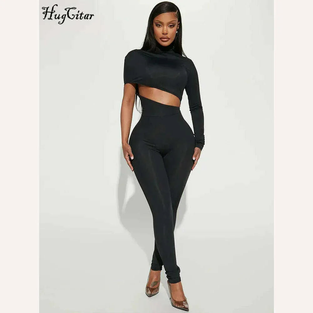 KIMLUD, Hugcitar Black Long Sleeve Asymmetrical Hollow Out Zip Up Bodycon Jumpsuit Summer Women Party Nightclub Romper Overalls Y2K, KIMLUD Womens Clothes