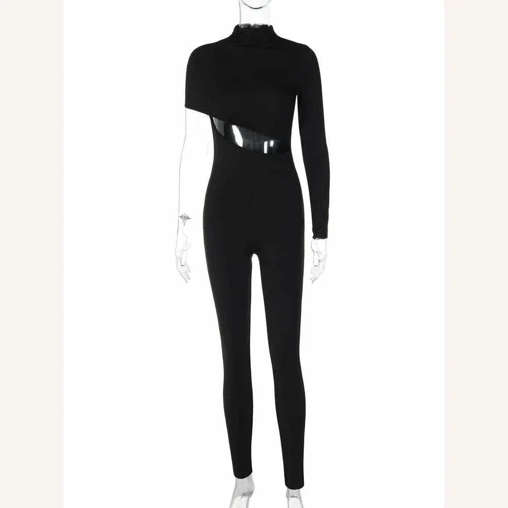 KIMLUD, Hugcitar Black Long Sleeve Asymmetrical Hollow Out Zip Up Bodycon Jumpsuit Summer Women Party Nightclub Romper Overalls Y2K, KIMLUD Womens Clothes