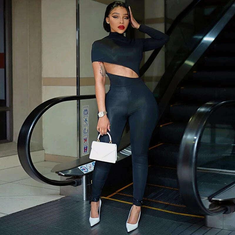 KIMLUD, Hugcitar Black Long Sleeve Asymmetrical Hollow Out Zip Up Bodycon Jumpsuit Summer Women Party Nightclub Romper Overalls Y2K, KIMLUD Womens Clothes