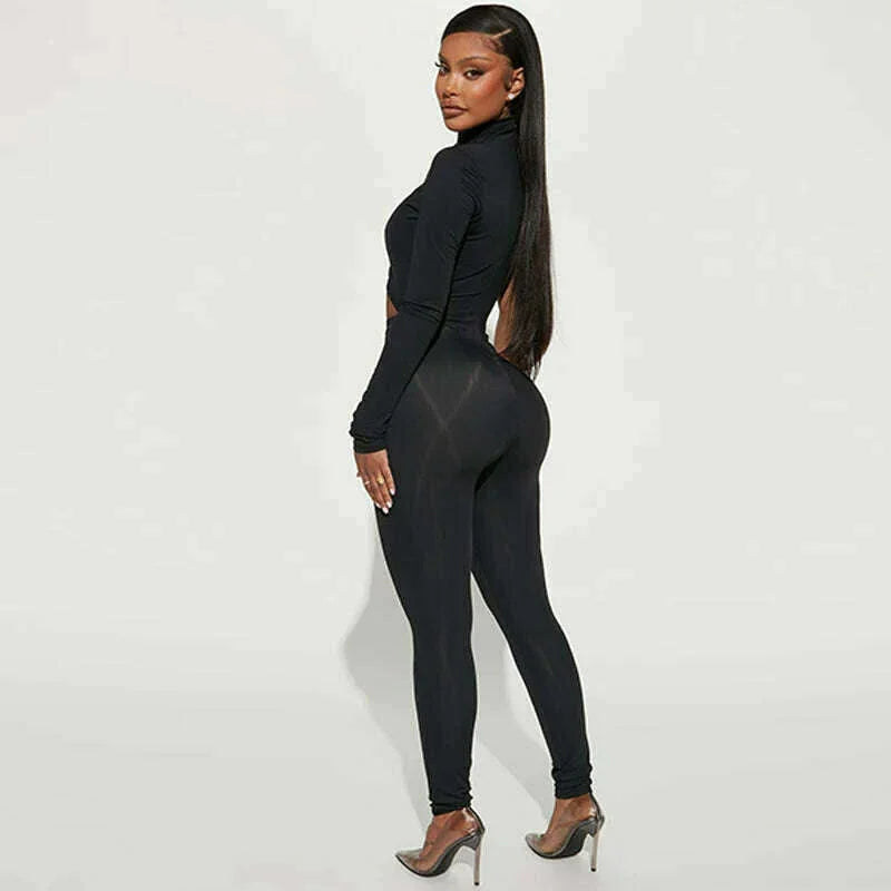 KIMLUD, Hugcitar Black Long Sleeve Asymmetrical Hollow Out Zip Up Bodycon Jumpsuit Summer Women Party Nightclub Romper Overalls Y2K, KIMLUD Womens Clothes