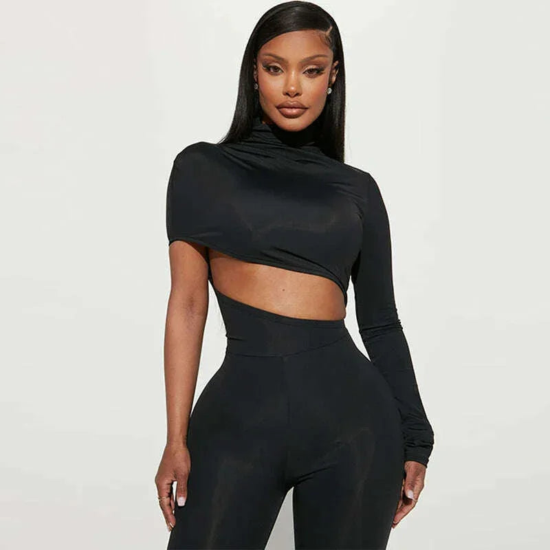 KIMLUD, Hugcitar Black Long Sleeve Asymmetrical Hollow Out Zip Up Bodycon Jumpsuit Summer Women Party Nightclub Romper Overalls Y2K, KIMLUD Womens Clothes
