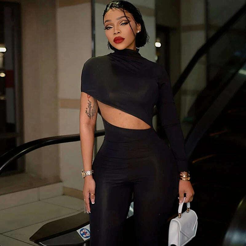 KIMLUD, Hugcitar Black Long Sleeve Asymmetrical Hollow Out Zip Up Bodycon Jumpsuit Summer Women Party Nightclub Romper Overalls Y2K, KIMLUD Womens Clothes