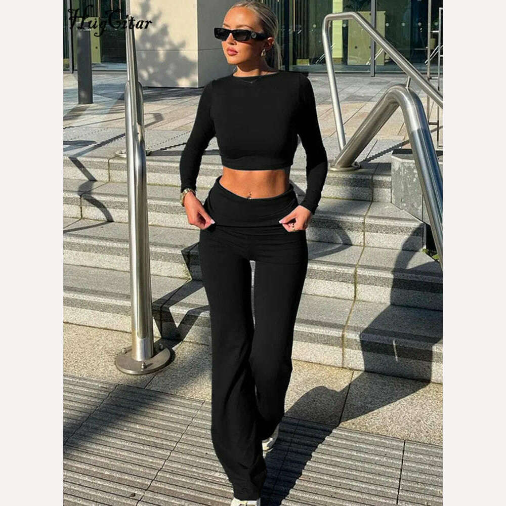 KIMLUD, Hugcitar Fall Fashion 2 Piece Matching Sets Long Sleeve Solid Sexy Crop T-Shirt Pants Women Y2K Clothes Streetwear Festival Yoga, KIMLUD Womens Clothes