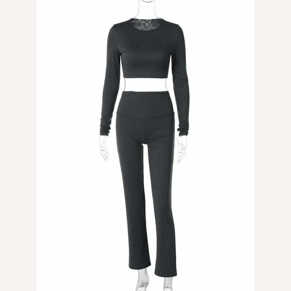 KIMLUD, Hugcitar Fall Fashion 2 Piece Matching Sets Long Sleeve Solid Sexy Crop T-Shirt Pants Women Y2K Clothes Streetwear Festival Yoga, KIMLUD Womens Clothes