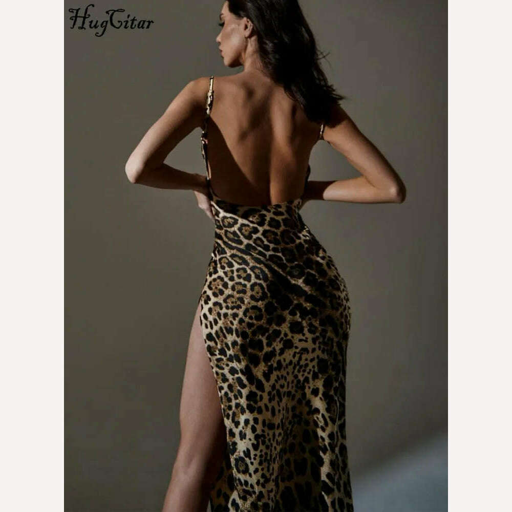 KIMLUD, Hugcitar Leopard Print Swing Collar Sleeveless Sexy Maxi Slit Prom Dress Women Fashion Streetwear 2022 Party Holiday Outfits, KIMLUD Womens Clothes